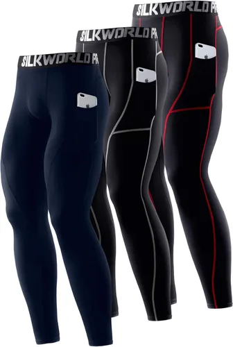 SILKWORLD Paquete de 1 a 3 pantalones de compresión para hombre, con bolsillos, leggings de gimnasio y secado fresco