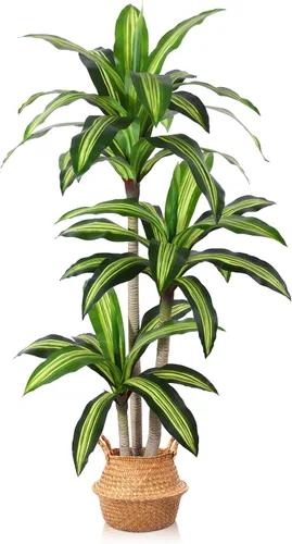 Ferrgoal Plantas artificiales, árbol de Dracaena de 5 pies, plantas de imitación para interiores y exteriores, árbol falso con cesta tejida de
