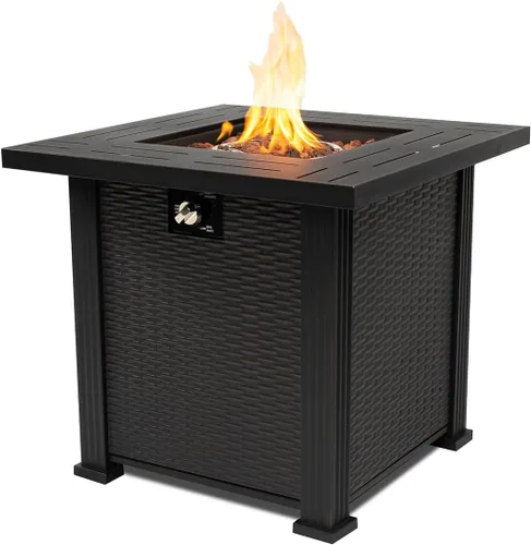 Mesa de fuego de propano de 28 pulgadas, mesa de fuego de 50,000 BTU con tapa de acero, patas grandes, rocas de laval.