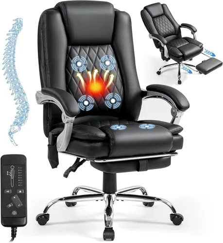 Silla de Oficina de Masaje con Reposapiés - Silla Ejecutiva Ergonómica, Silla de Escritorio Reclinable de Cuero con Respaldo Alto con Reclinación de