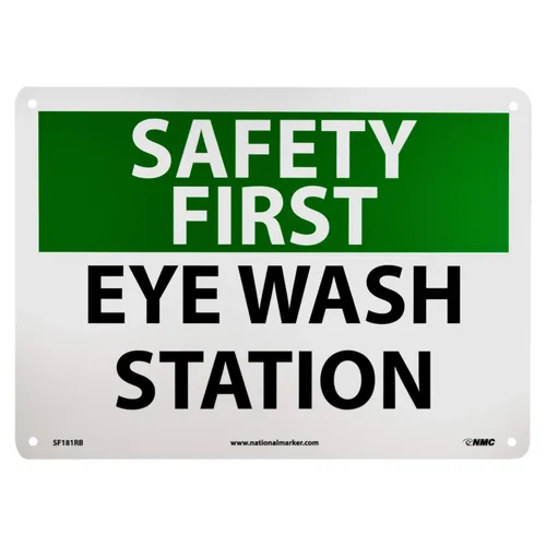 NMC SF181RB OSHA Letrero "Safety First Eye WASH Station", 14 pulgadas de ancho x 10 pulgadas de alto, plástico rígido, verde/negro sobre blanco