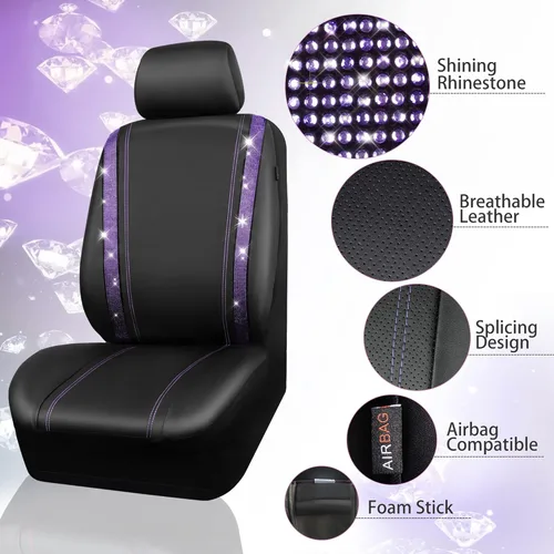 Miniatura 5 de CAR PASS Fundas de asiento de automóvil de cuero con diamantes brillantes, 11 unidades, funda de volante con diamantes de imitación brillantes