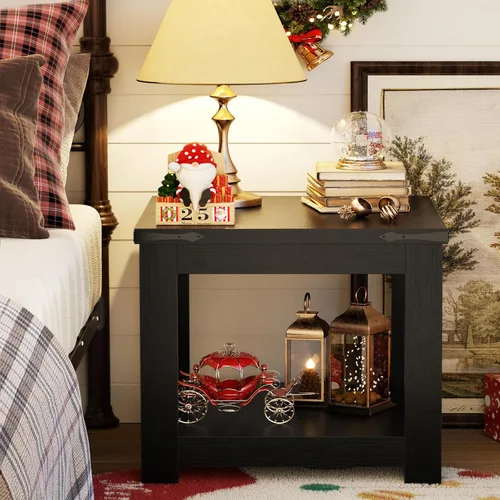 Miniatura 4 de Homieasy Mesa auxiliar negra, mesa auxiliar cuadrada de 20 x 20 pulgadas para sala de estar, mesa decorativa grande de madera con estante