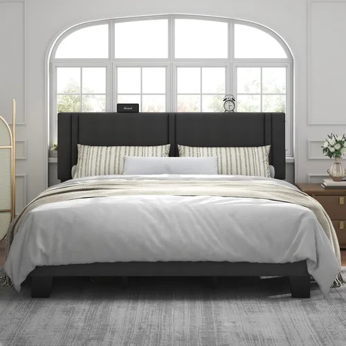 Miniatura 11 de Feonase - Base de cama de tamaño individual con plataforma tapizada, base de cama tapizada con respaldo abatible, listones de madera maciza y Gris