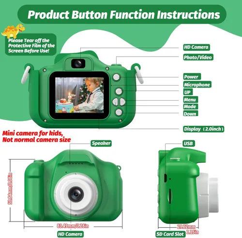 Miniatura 8 de Cámara para niños, mejorada, diseño de dinosaurio, regalos de Navidad y cumpleaños para niños de 3 a 12, cámara digital 1080P HD para selfies