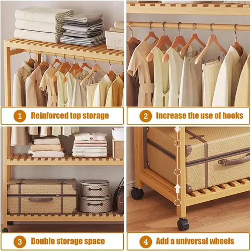 Miniatura 4 de 3-Tier Bamboo Clothes Rack - Stylish Garment Stand with Open Wardrobe Design & Storage Shelves for Bedroom, Living Room, Entryway - Space-Saving