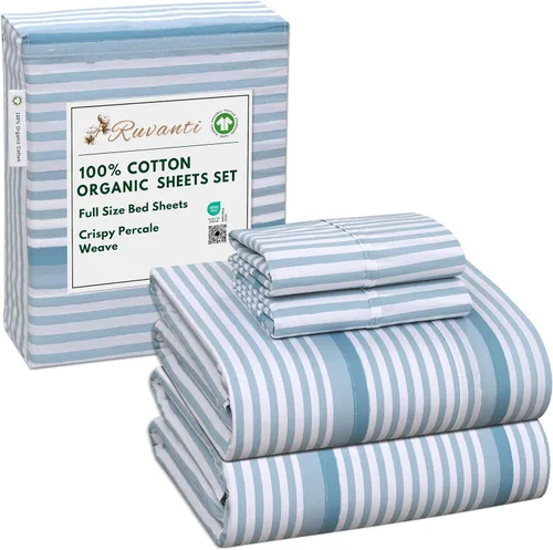 Miniatura 73 de RUVANTI Juego de sábanas de algodón orgánico 100% tamaño completo, tejido de percal, certificado GOTS, juego de 4 piezas, bolsillo profundo de 15