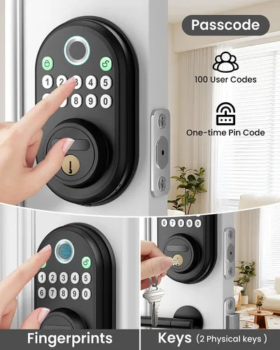 Miniatura 2 de Cerradura de puerta de huellas dactilares con teclado, cerradura inteligente de entrada sin llave para puerta delantera con 2 llaves, bloqueo