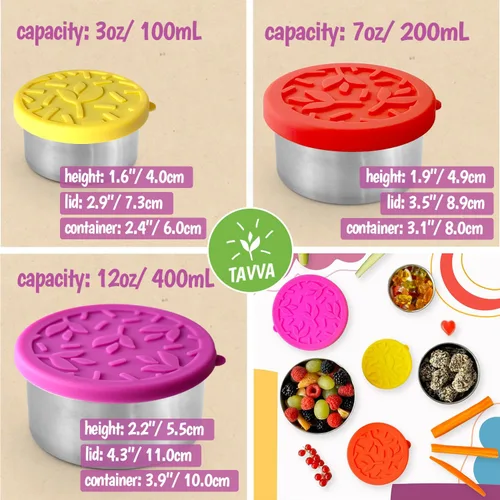 Miniatura 4 de TAVVA Recipientes de acero inoxidable para niños [12 onzas/7 onzas/3 onzas] – A prueba de fugas con tapas de silicona, lonchera para niños, lonchera