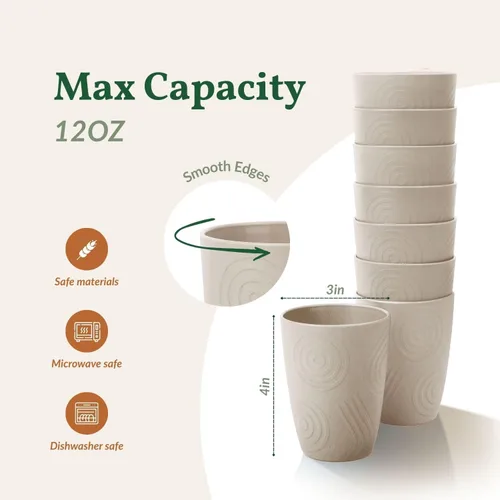 Miniatura 3 de Homienly Tazas de paja de trigo 8 piezas, tazas de plástico irrompibles, taza de beber reutilizable, apta para lavavajillas, vasos de agua con Beige