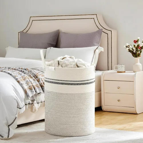 Miniatura 4 de VIPOSCO Cesta alta para ropa sucia, cesta grande para ropa sucia con mango de cuero, cesta de almacenamiento de cuerda tejida para manta, juguete