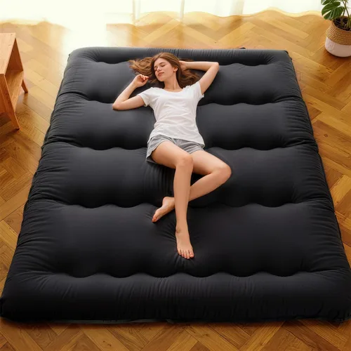 Colchón de futón japonés – Colchón grueso de color negro, almohadilla plegable de tatami de 5 capas con bolsa de almacenamiento y correas, colchones