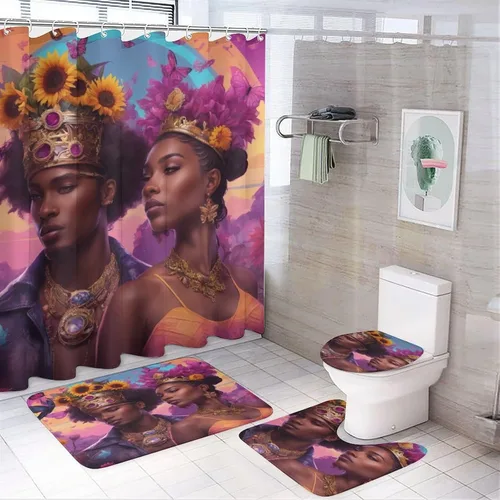 Miniatura 2 de Juego de 3 alfombras y tapetes de baño, diseño de amor romántico afro, negro, King, Queen, antideslizante, American Couplebut, lavable a máquina