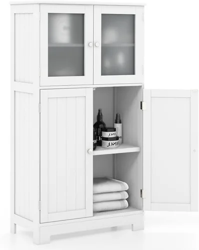 COSTWAY Armario de almacenamiento de baño, armario organizador de almacenamiento de lino de madera con puertas y estante ajustable, armario de piso