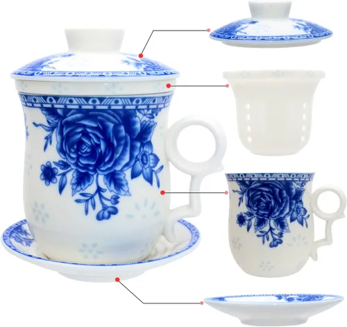 Taza de té de porcelana con tapa de infusor y juegos de platillos – Taza de café de cerámica china Jingdezhen Taza de té de hoja suelta Sistema de