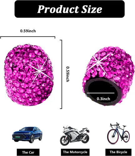 Miniatura 2 de Kewucn Bling Tapas para Vástago de Válvula de Neumático de Coche, Paquete de 4 Cubiertas Hechas a Mano con Diamantes de Imitación de Cristal Magenta