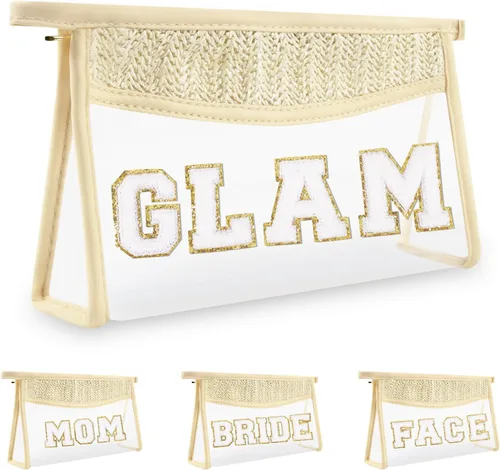 Miniatura 23 de Iqimott 2 bolsas de maquillaje con parches transparentes, bolsa de letras boho para nadar en la playa, bolsas de maquillaje impermeables
