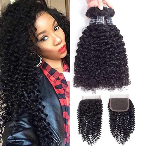 Miniatura 13 de Amella Hair Paquetes de Cabello Humano Brasileño Rizado con Cierre Grado 8A Virgen Sin Procesar Paquetes de Tejido de Cabello Brasileño con Cierre