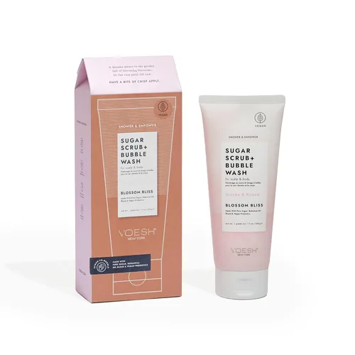 VOESH Exfoliante de azúcar + lavado de burbujas, exfoliante corporal y gel de baño, Blossom Bliss, exfoliante para el cuero cabelludo, cuidado del