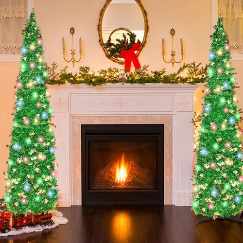 Miniatura 4 de Árbol de Navidad desplegable de 5 pies con 90 luces LED, árbol de Navidad plegable con trineo de lentejuelas y oropel delgado tipo lápiz