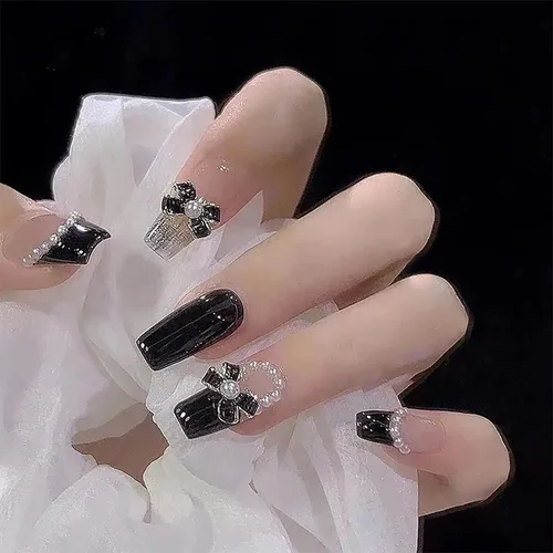 Miniatura 7 de Uñas postizas a presión con diseños de longitud media, forma de ataúd, cobertura completa, reutilizables, con pegamento, uñas adhesivas