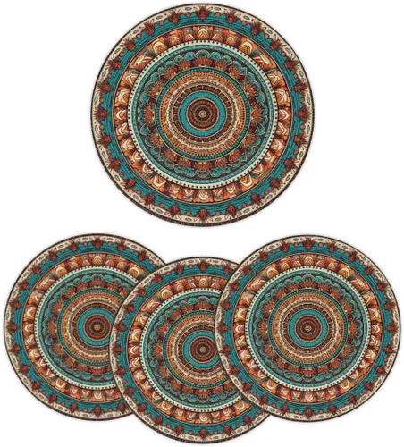 Miniatura 11 de Juego de 4 manteles individuales redondos, manteles individuales tejidos con mandala dorados, antideslizantes, resistentes al calor, lavables