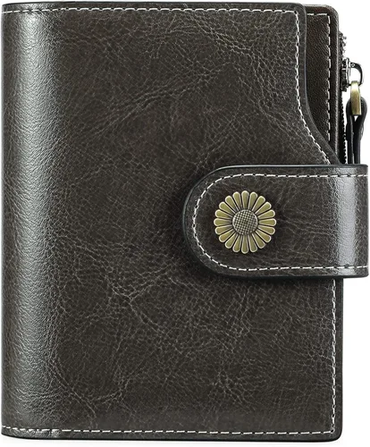 FALAN MULE Cartera pequeña para mujer, de piel auténtica, plegable, compacta, con bloqueo RFID, pequeña cartera para mujer, Negro Gris, Casual