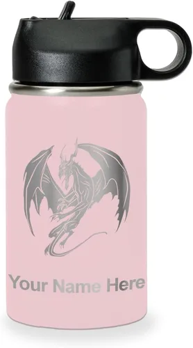 Miniatura 78 de LaserGram Botella de agua con tapa abatible de doble pared de 12 onzas con pajilla, dragón, grabado personalizado incluido (negro)