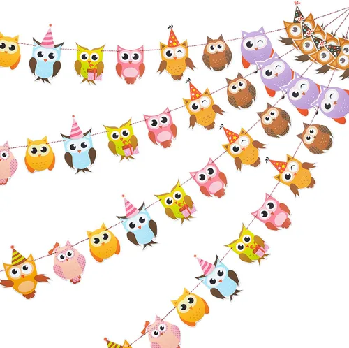 4 coloridas pancartas de cumpleaños con diseño de búho, decoraciones de fiesta temática para baby shower y fiestas de cumpleaños