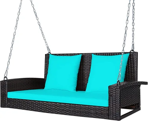 Miniatura 14 de Tangkula Columpio de Mimbre para Porche de 2 Personas, Patiojoy Banco Colgante de Ratán para Exteriores con 2 Cojines de Respaldo y 1 Cojín