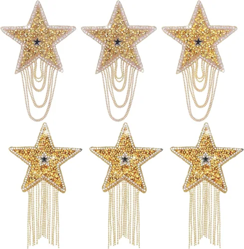 6 parches para planchar con diamantes de imitación para ropa, diamantes de imitación dorados brillantes con borlas y cadenas, parches de lentejuelas