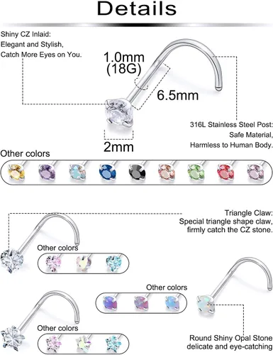 Miniatura 2 de Piercing para la nariz de 20/0.63 oz, rectos, L/sacacorchos, para la nariz, joyería para mujer, acero inoxidable quirúrgico hipoalergénico