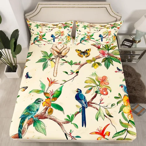 Miniatura 2 de Juego de sábanas de mariposa, sábana bajera ajustable de mono, colibrí, tamaño individual para niños, niñas, adolescentes, hojas de palmera