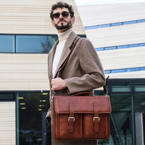 Miniatura 2 de Time Resistance Maletín de cuero para hombre hecho a mano en Italia Bolsa de mensajero de grano completo para portátil