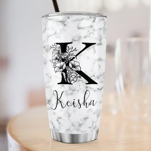 Miniatura 2 de Vaso de café de acero inoxidable personalizado con inicial y nombre, taza de café con monograma floral para niña, vaso de viaje de acero inoxidable