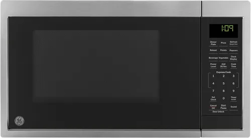 Horno de microondas GE para encimera, compacto de 0.9 pies cúbicos, capacidad de 900 vatios, 7 configuraciones de cocción automática, tecnología de