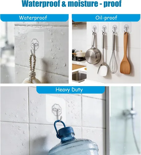 Miniatura 4 de Ganchos de pared de 33 libras (MÁX) autoadhesivos resistentes, 10 unidades, impermeables y a prueba de aceite, ganchos transparentes sin costuras