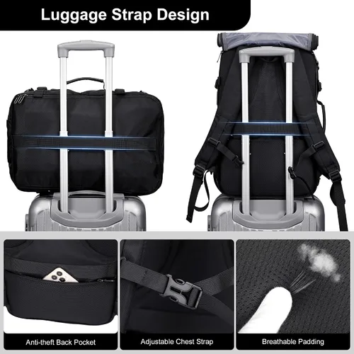 Miniatura 8 de PIJUSHI Mochila de viaje para mujeres y hombres, mochila de equipaje de mano, aprobada por vuelo, bolsa de lona convertible para laptop de 16 Negro