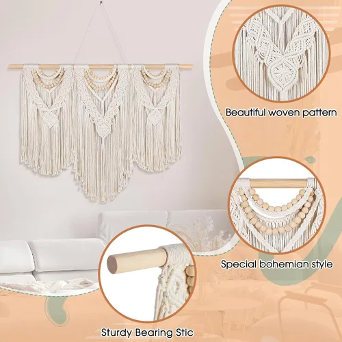 Miniatura 3 de Newwiee Tapiz de macramé grande de 43 x 32 pulgadas para colgar en la pared con barra, decoración bohemia para pared, decoración bohemia con borlas