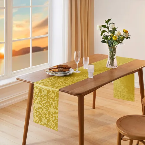 Miniatura 2 de Manyshofu 5 caminos de mesa de satén dorado – 12 x 108 pulgadas, decoración de damasco, impresión jacquard brillante y suave de boda para banquetes