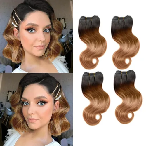 Extensiones de cabello humano 12A ombré, ondulado, 4 paquetes cortos de 8, 8, 8, 8 pulgadas, extensiones de cabello virgen brasileño 100% sin
