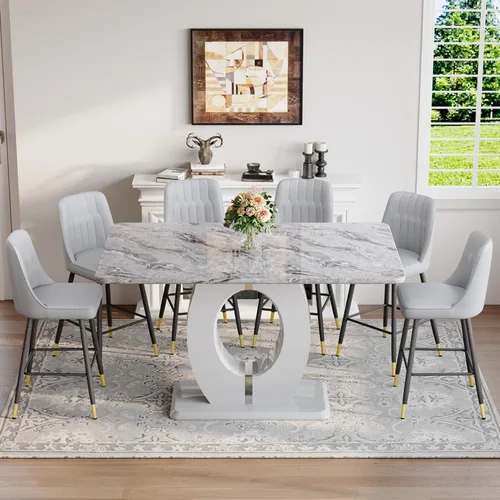 Miniatura 9 de Juego de mesa de comedor de mármol de 63 pulgadas para 6, moderno juego de mesa de comedor de altura de mostrador, mesa alta gris con taburetes