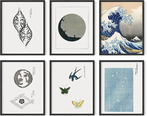 HAUS AND HUES Arte abstracto para pared, juego de 6 arte moderno japonés para pared, decoración de pared estética, póster de mariposa y luna, obra
