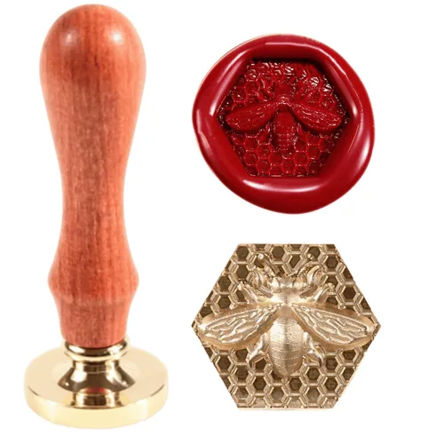 Miniatura 4 de Sello de cera de abeja, sello de abeja en relieve 3D de 0.984 in/0.95 pulgadas, cabeza de sello de latón con mango de madera retro, perfecto sello
