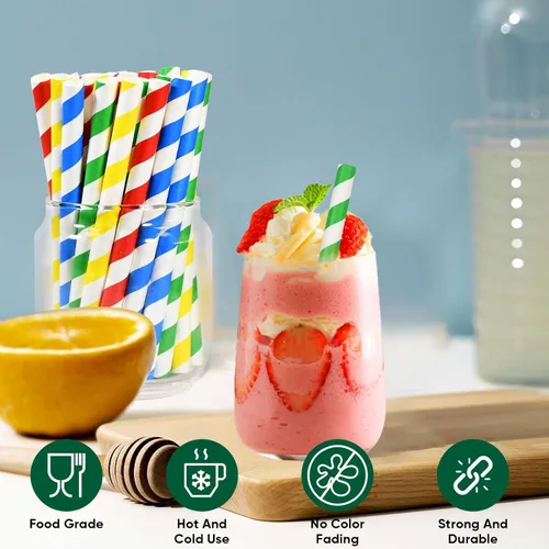 Miniatura 3 de Pajitas desechables de papel a rayas coloridas de 6 pulgadas, 100 unidades para batidos, batidos y bebidas gruesas, biodegradables