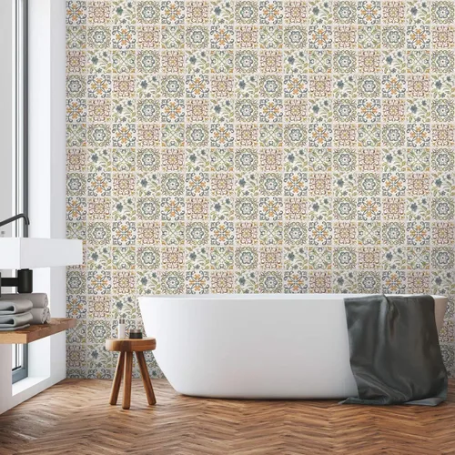 Miniatura 7 de Wudnaye Papel tapiz bohemio para despegar y pegar, papel de contacto de azulejos de imitación de 17 x 118 pulgadas, patrón de azulejos, extraíble