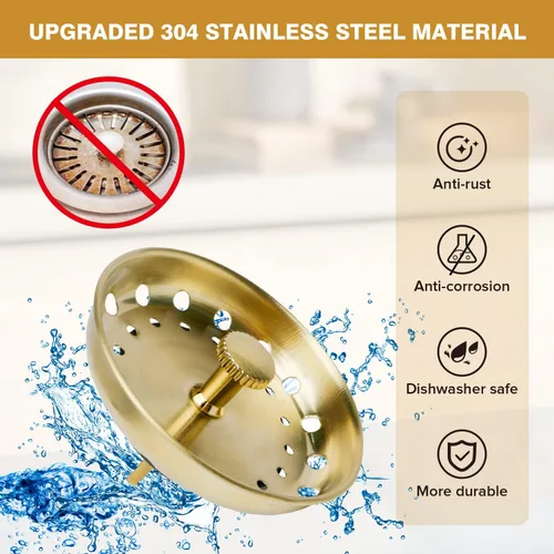Miniatura 2 de 2 coladores dorados de repuesto para fregadero estándar de 3-1/2 pulgadas, tapón de fregadero de acero inoxidable 304