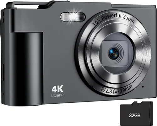 Cámara digital, FHD 4K Cámara digital de apuntar y disparar con zoom de 16X antivibración, cámara pequeña compacta de 48 MP con tarjeta de 32 GB