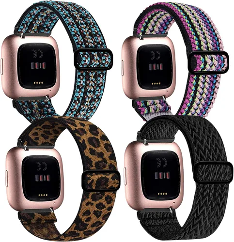 Miniatura 8 de Paquete de 4 bandas elásticas compatibles con pulseras Fitbit Versa y Versa 2, correas de repuesto elásticas ajustables de nailon suave para mujeres