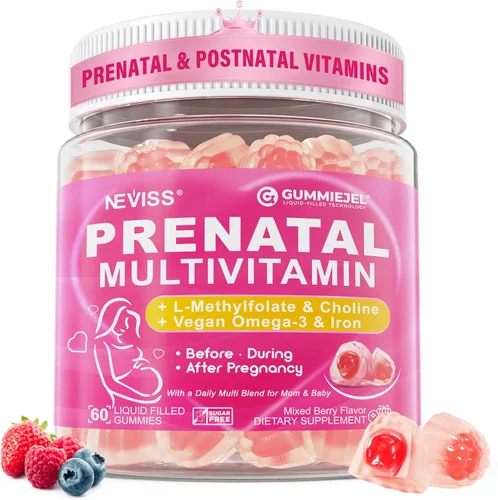 Gomitas Multivitamínicas Prenatales para Mujeres con Metilfolato 1mg, Colina Omega-3 (DHA+EPA) Hierro, Vitaminas Postnatales para Mujeres que